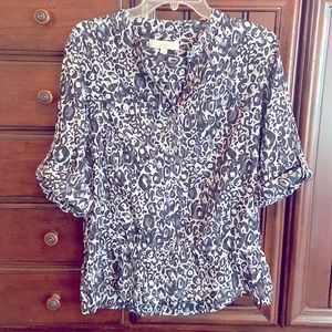 LOFT animal print blouse with bottom flair. Black, purple and grey